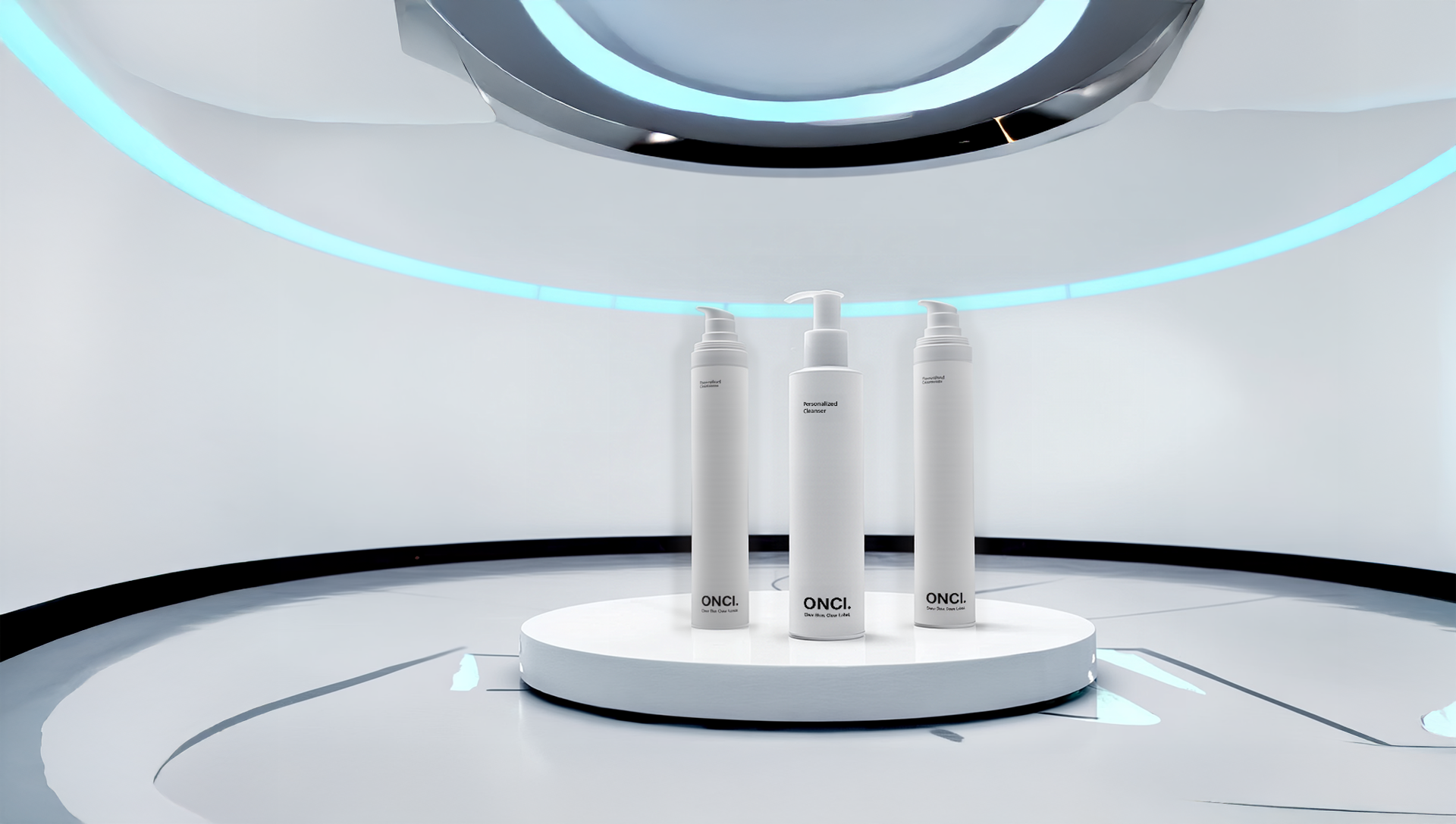 ONCI personalized skincare bottles in hand